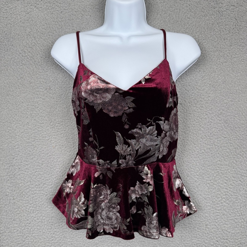 Charlotte Russe Tank Top Womens S Burgundy Velvet Floral Peplum Fairy Whimsigoth